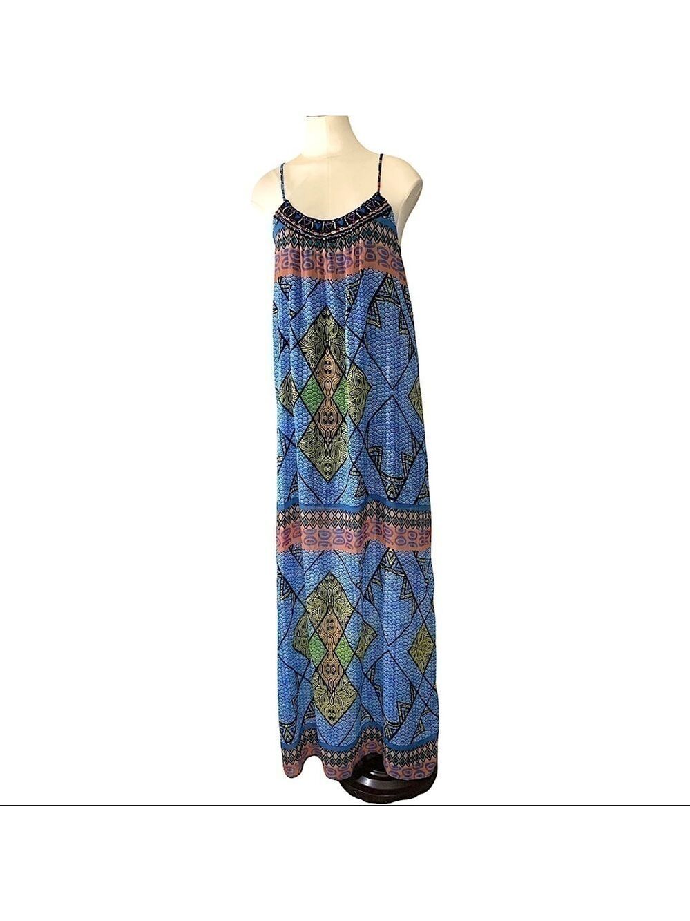𝅺eight Sixty Blue Maxi Dress Beaded Collar Sz S Multicolor Summer Tribal Print
